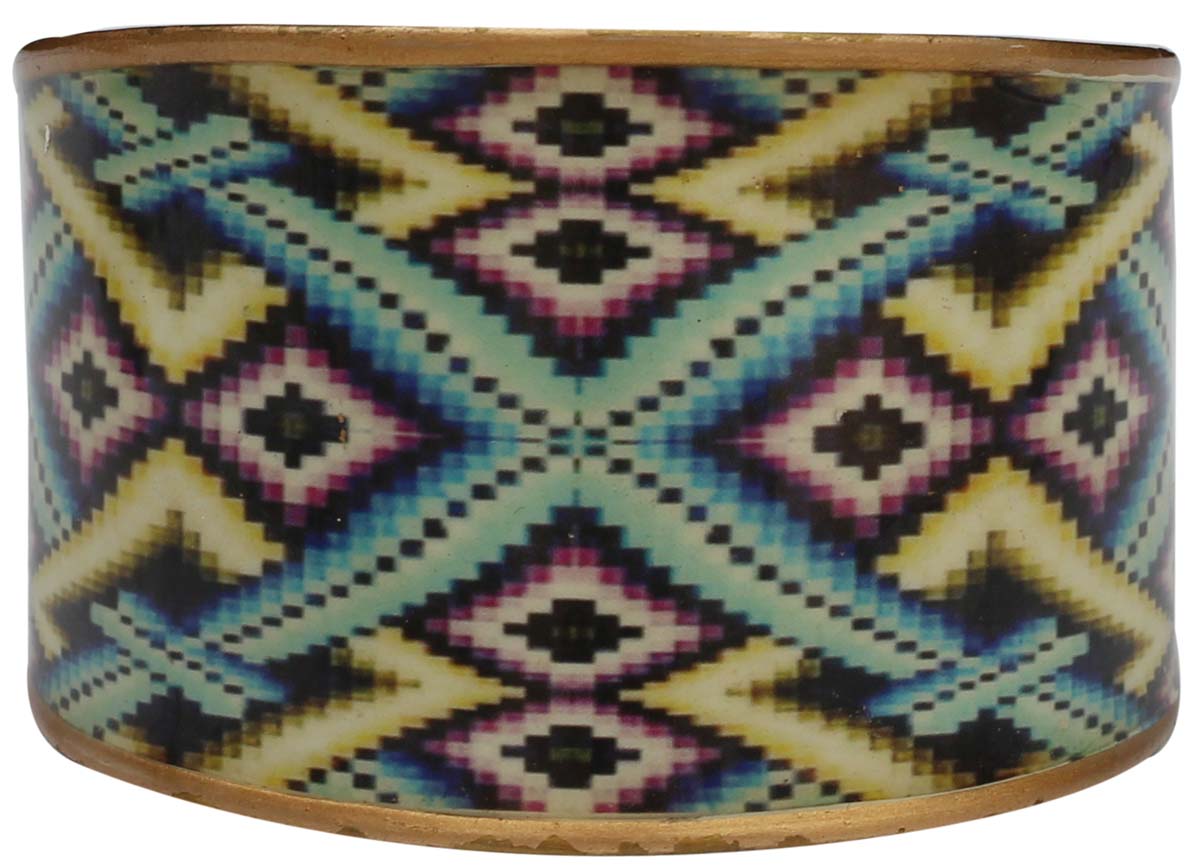 2.6” Golden Brass Cuff Bracelet with Colorful Illusionary Pattern - Trendy Accessories / Jewelry / Gifts for Her - Buy in Bulk Wholesale
